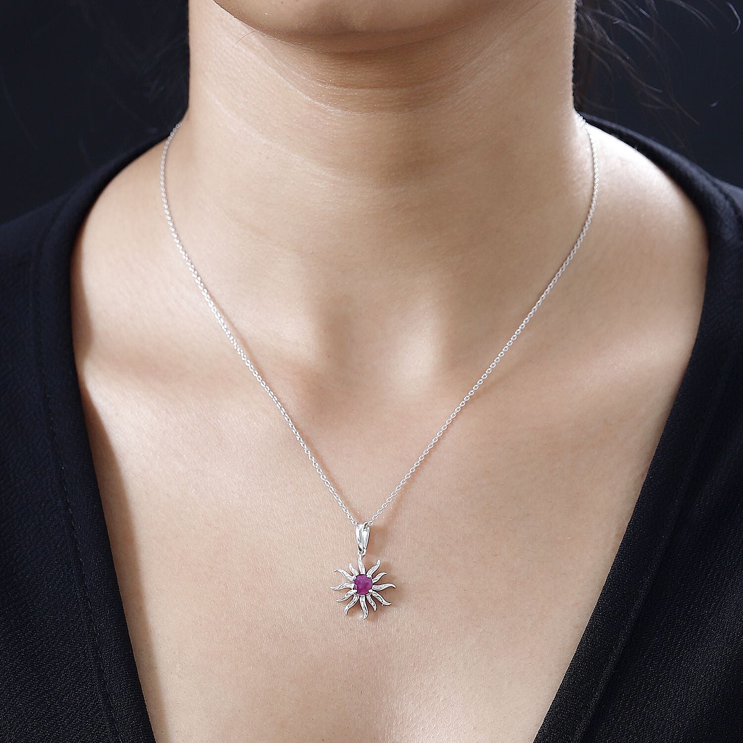 Natural John Saul Ruby Sun Pendant with Chain (Size 20) in Platinum Overlay Sterling Silver 4267340 1
