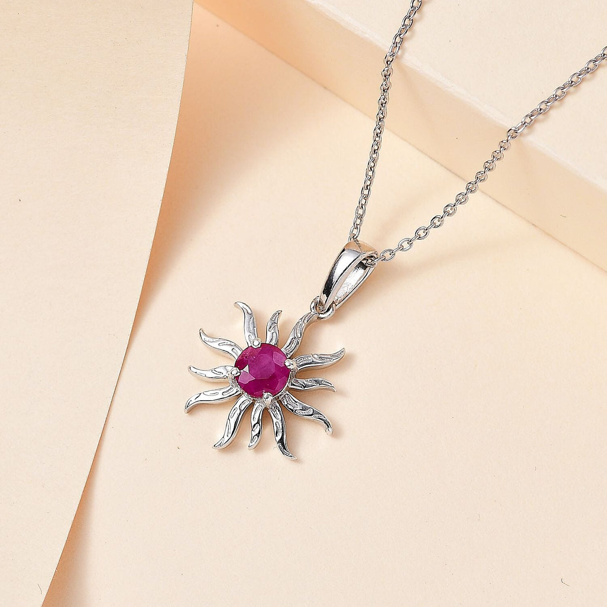 Natural John Saul Ruby Sun Pendant with Chain (Size 20) in Platinum Overlay Sterling Silver 4267340 2