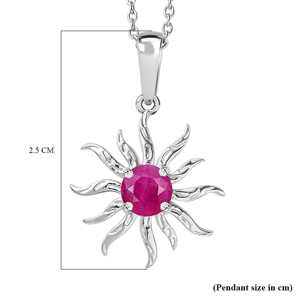 Natural John Saul Ruby Sun Pendant with Chain (Size 20) in Platinum Overlay Sterling Silver