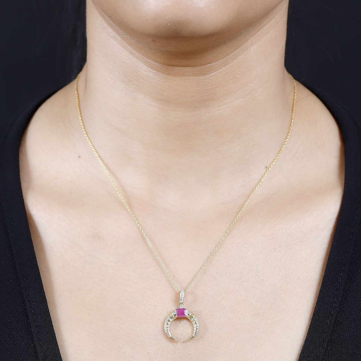 John Saul Ruby Crescent Moon Pendant with Chain (Size 20) in Platinum and 18K Vermeil Yellow Gold Plated Sterling Silver 4268680 1