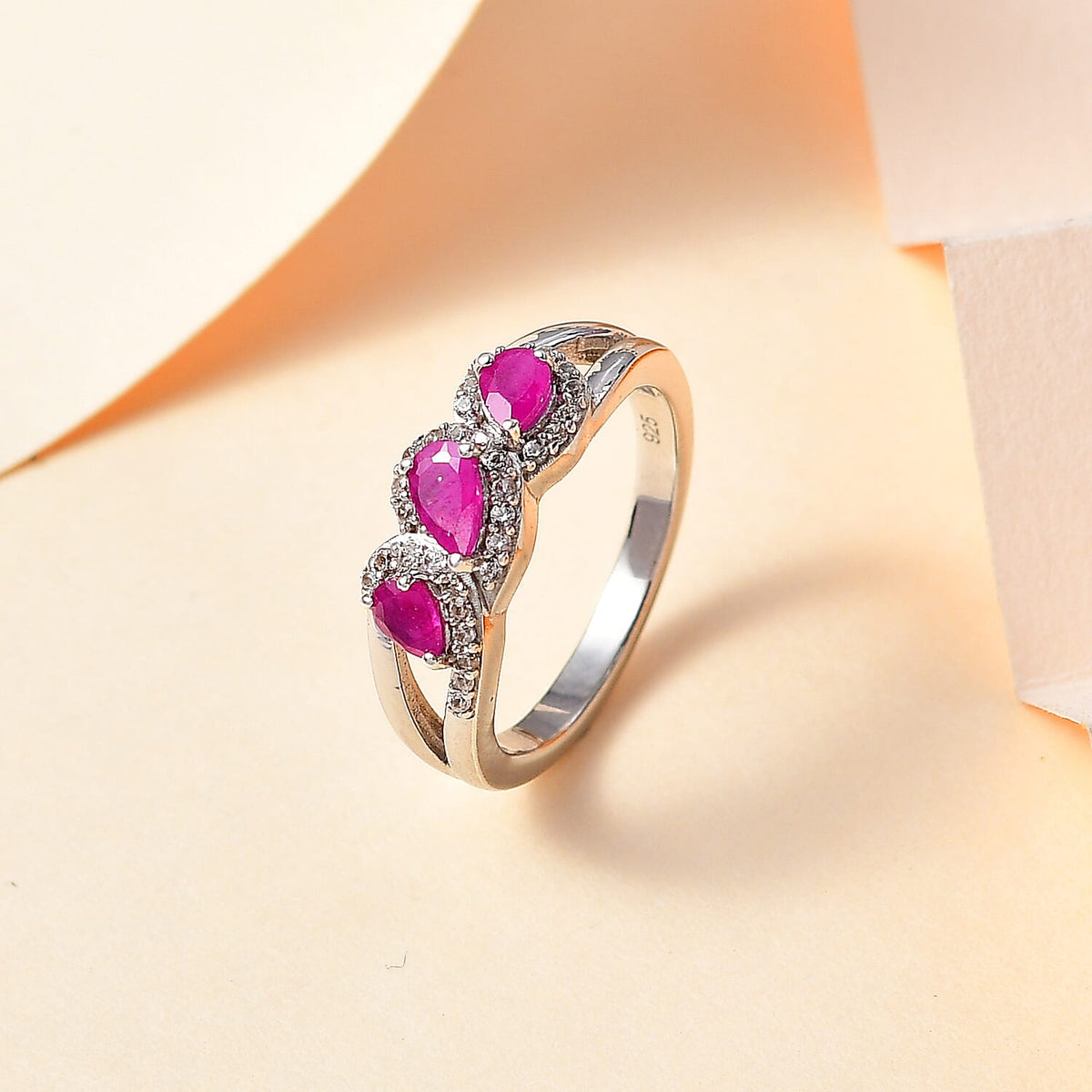 Natural John Saul Ruby and Natural Zircon Halo Ring in Platinum Overlay Sterling Silver 7767754 2