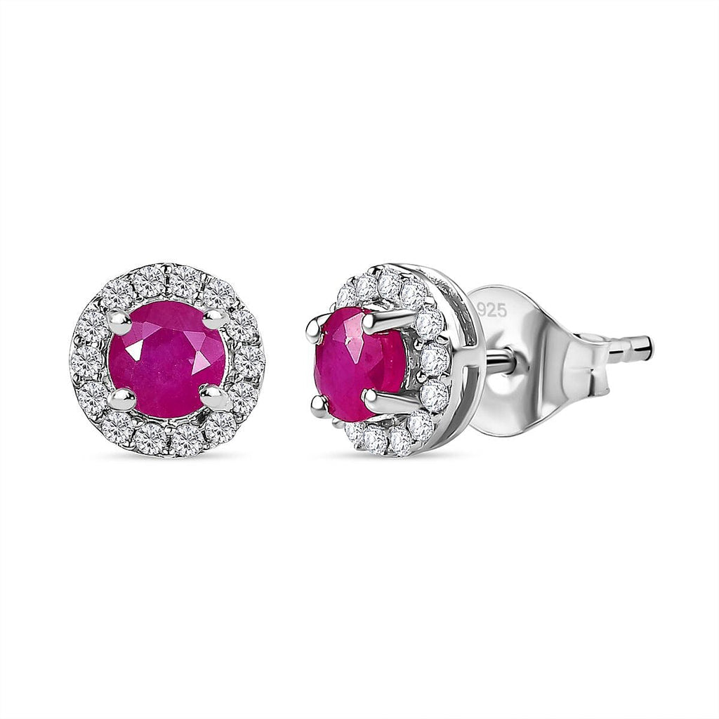 Natural John Saul Ruby & Natural Zircon Halo Stud Earrings in Platinum Overlay Sterling Silver