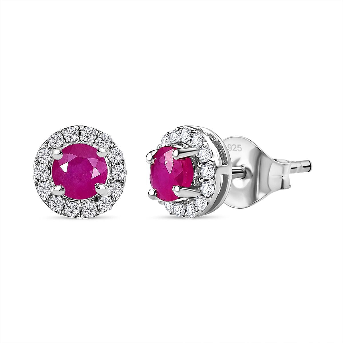 Natural John Saul Ruby &amp; Natural Zircon Halo Stud Earrings in Platinum Overlay Sterling Silver 7765924 0