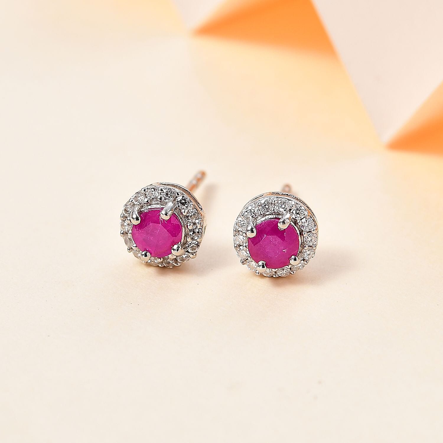 Natural John Saul Ruby &amp; Natural Zircon Halo Stud Earrings in Platinum Overlay Sterling Silver 7765924 1