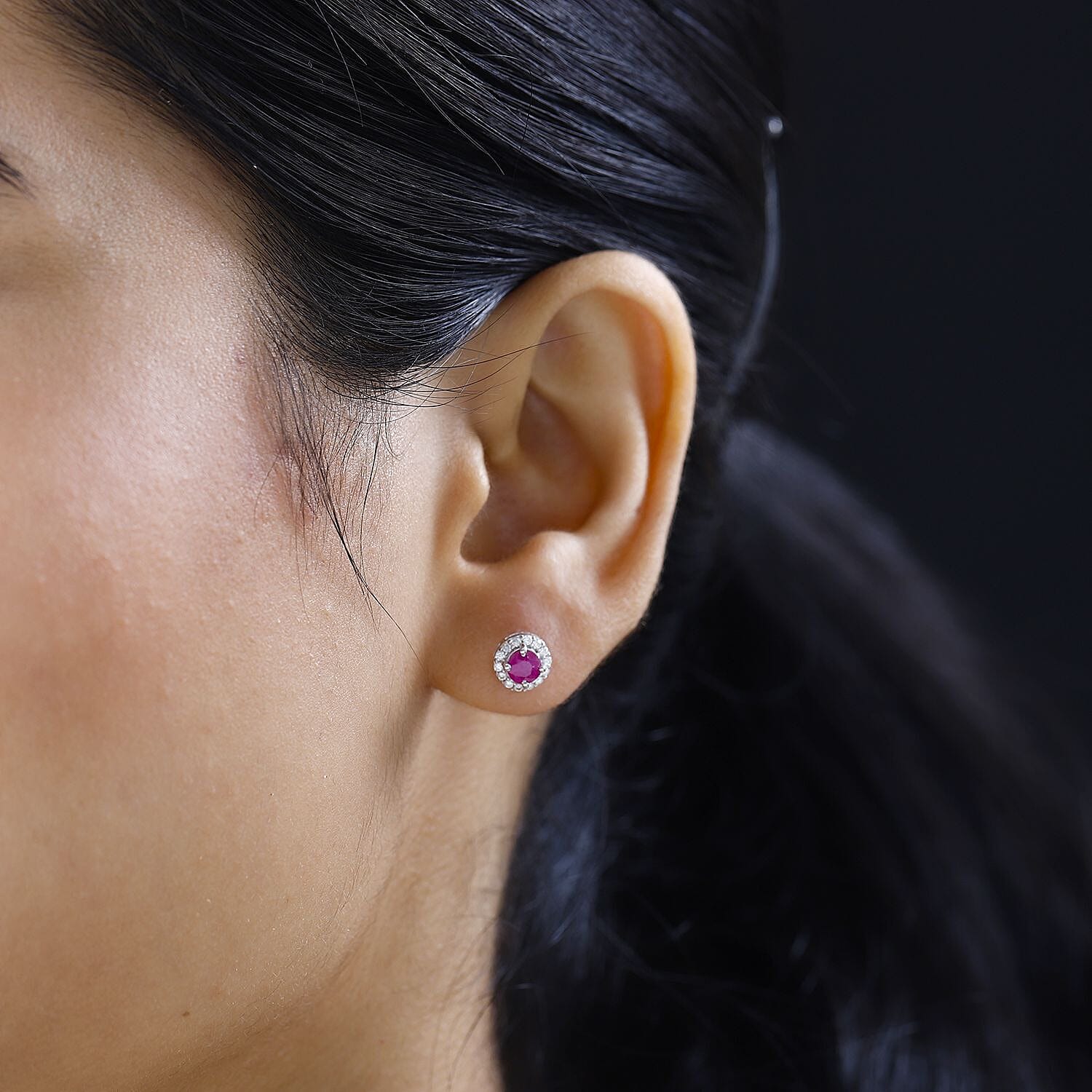 Natural John Saul Ruby &amp; Natural Zircon Halo Stud Earrings in Platinum Overlay Sterling Silver 7765924 2