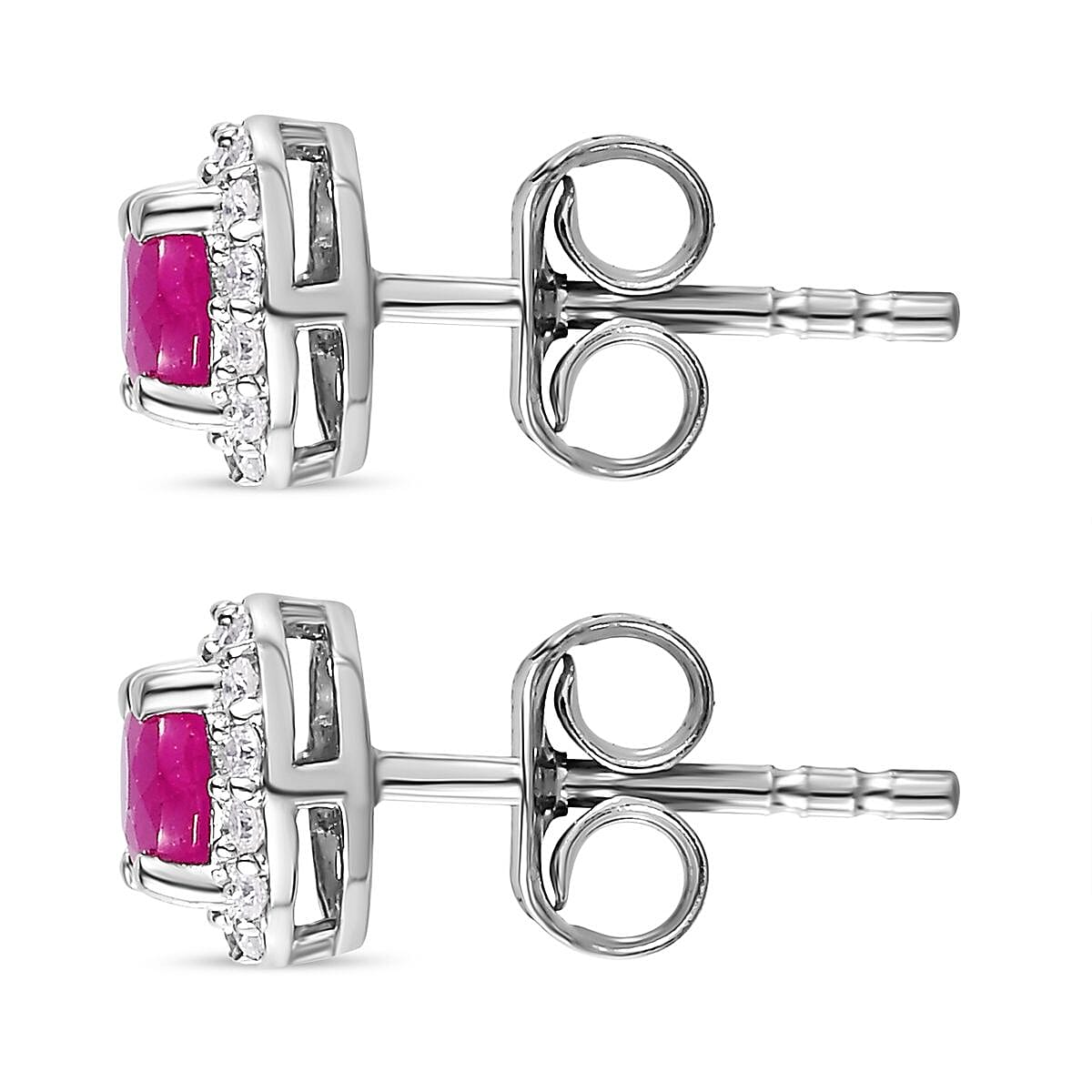 Natural John Saul Ruby &amp; Natural Zircon Halo Stud Earrings in Platinum Overlay Sterling Silver 7765924 3
