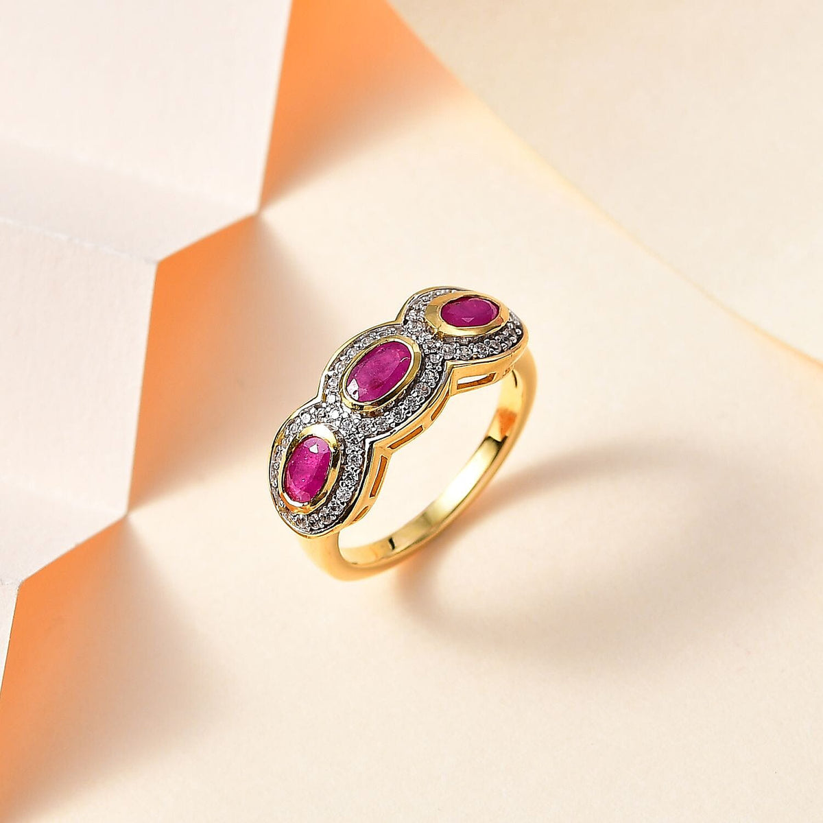 John Saul Ruby and Natural Zircon 3-Stone Ring in 18K Vermeil Yellow Gold Plated Sterling Silver 1.40 Ct 7772528 1