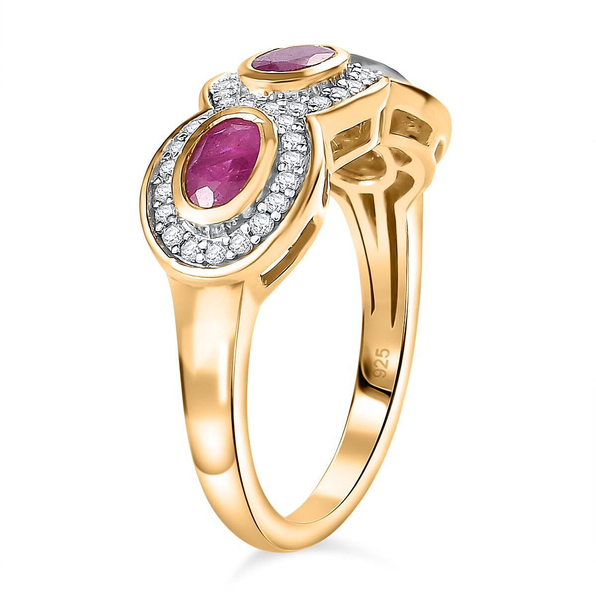 John Saul Ruby and Natural Zircon 3-Stone Ring in 18K Vermeil Yellow Gold Plated Sterling Silver 1.40 Ct 7772528 3