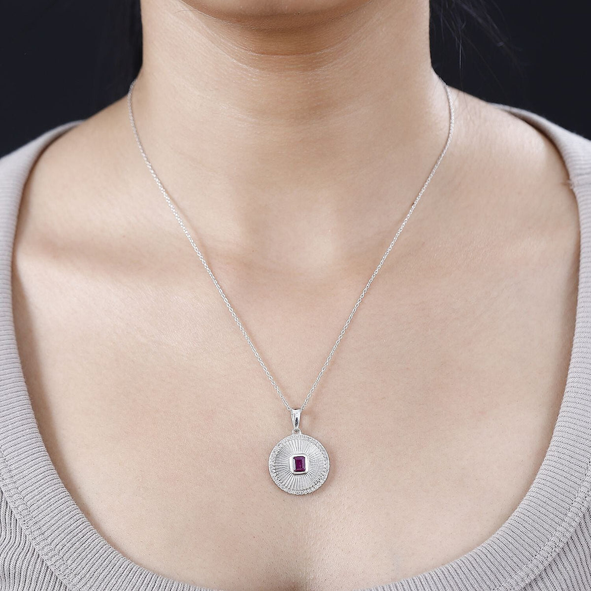 John Saul Ruby and Natural Zircon Sunbeam Pendant with Chain (Size 20) in Platinum Overlay Sterling Silver 1.58 Ct, Silver Wt. 5.9 Gms 4269172 1