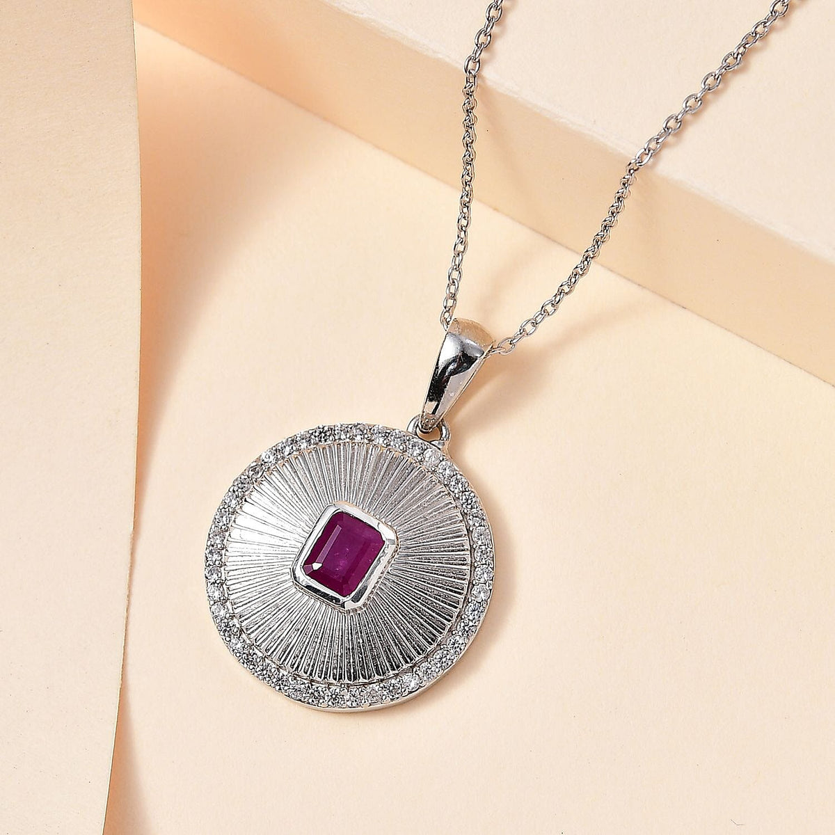 John Saul Ruby and Natural Zircon Sunbeam Pendant with Chain (Size 20) in Platinum Overlay Sterling Silver 1.58 Ct, Silver Wt. 5.9 Gms 4269172 2