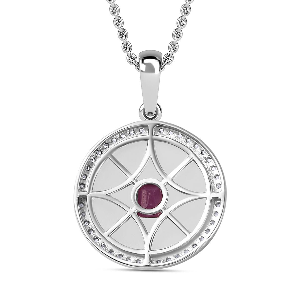 John Saul Ruby and Natural Zircon Sunbeam Pendant with Chain (Size 20) in Platinum Overlay Sterling Silver 1.58 Ct, Silver Wt. 5.9 Gms 4269172 4