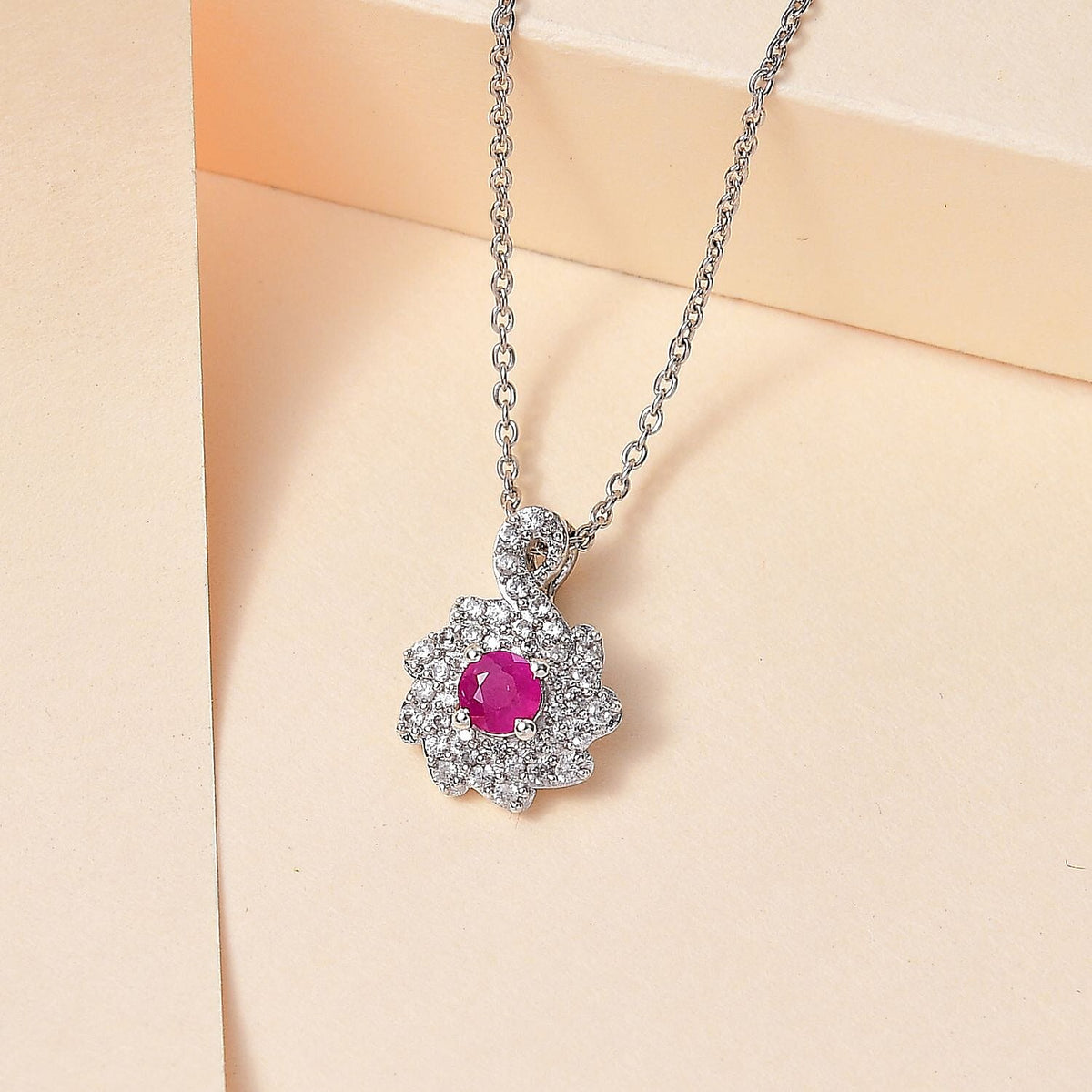 John Saul Ruby and Natural Zircon Swirl Pendant with Chain (Size 20) in Platinum Overlay Sterling Silver 1.18 Ct 4269273 1