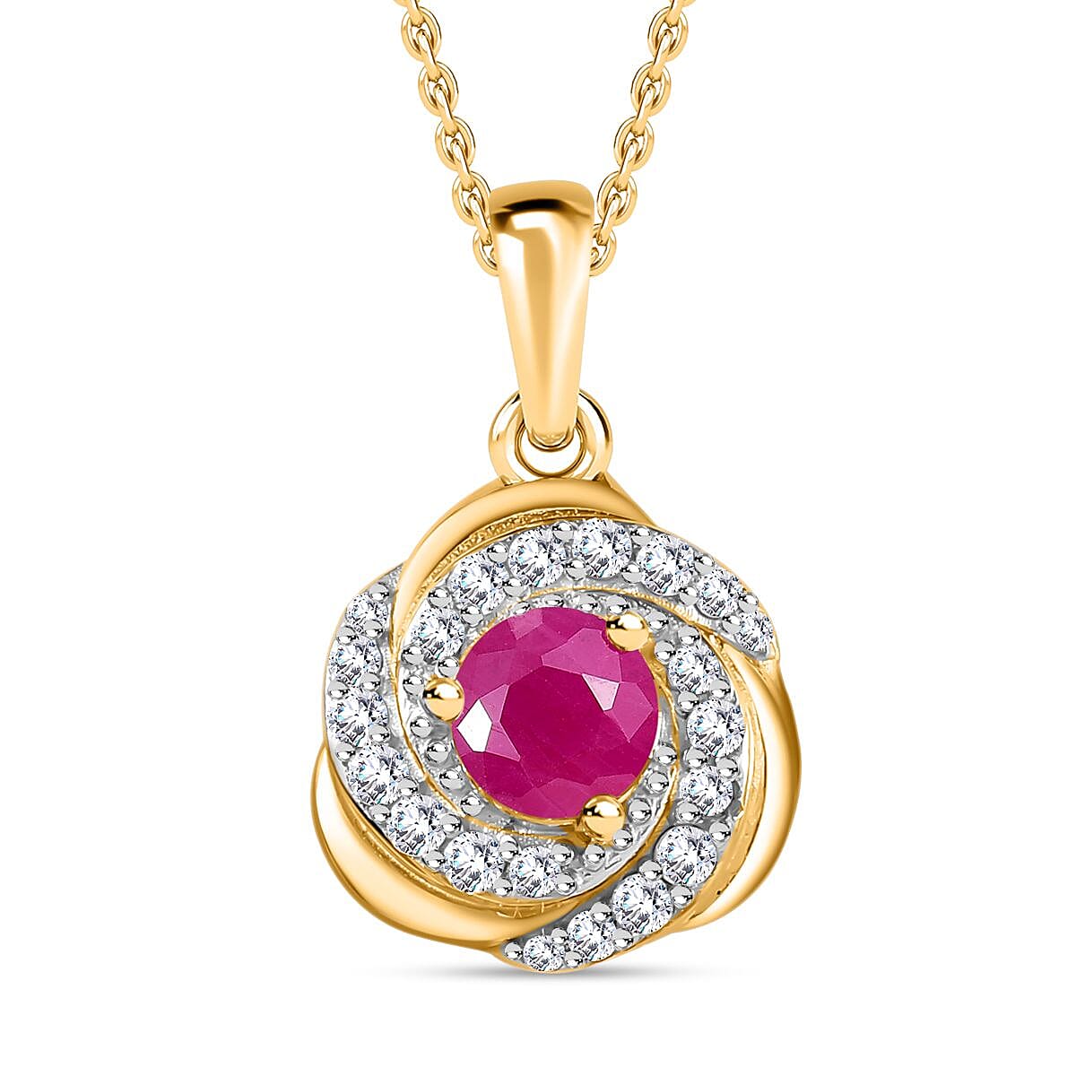 John Saul Ruby and Natural Zircon Swirl Pendant with Chain (Size 20) in 18K Vermeil Yellow Gold Plated Sterling Silver, Silver Wt. 5.14 Gms 4265473 0