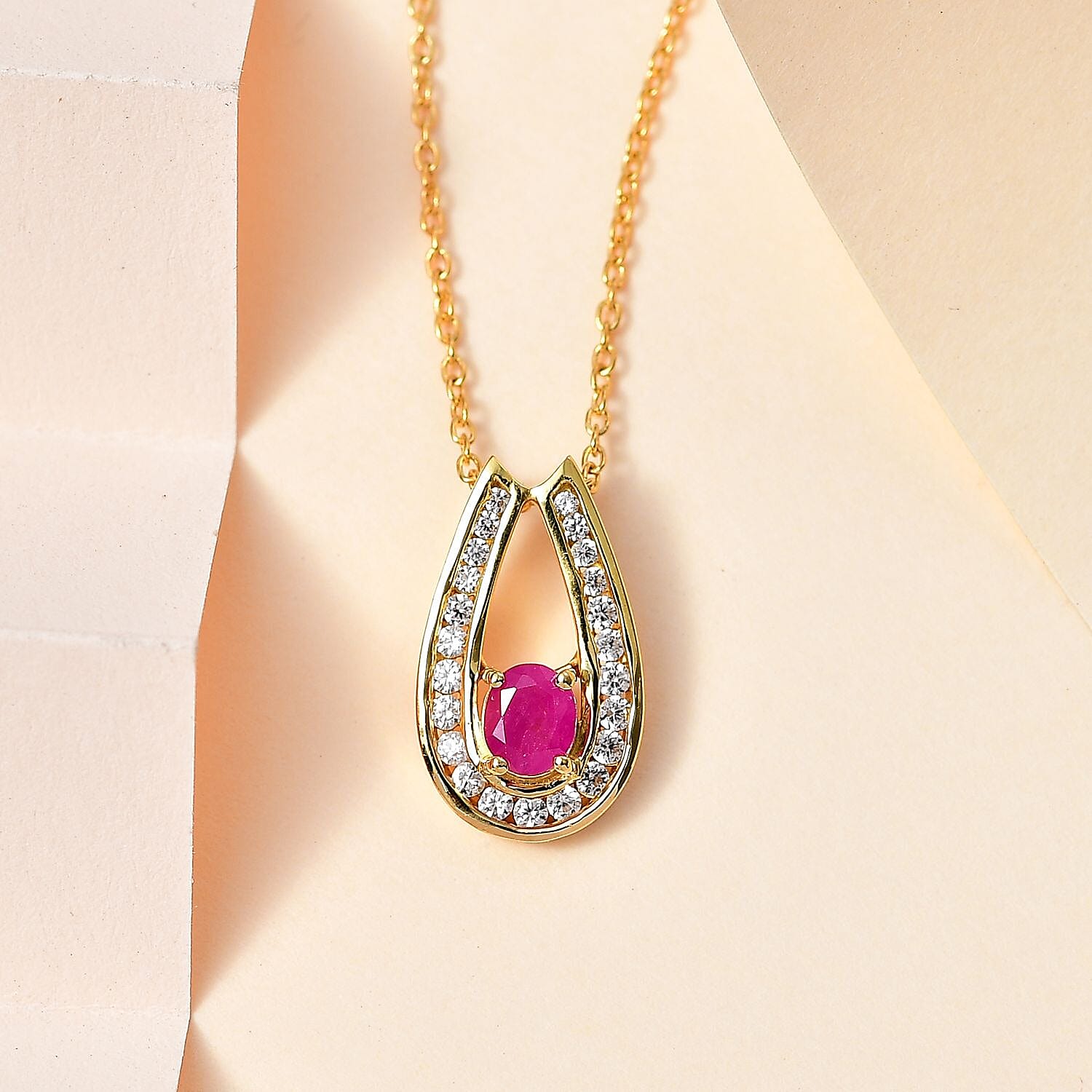 John Saul Ruby and Natural Zircon Pendant with Chain (Size 20) in 18K Vermeil Yellow Gold Plated Sterling Silver 1.23 Ct 4267330 2