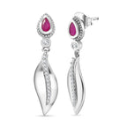 Natural John Saul Ruby & Natural Zircon Dangle Earrings in Platinum Overlay Sterling Silver 1.04 Ct.