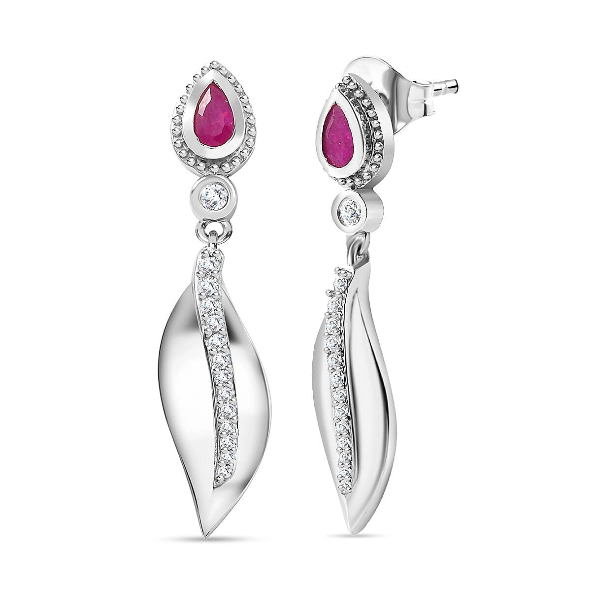Natural John Saul Ruby &amp; Natural Zircon Dangle Earrings in Platinum Overlay Sterling Silver 1.04 Ct. 7771342 0