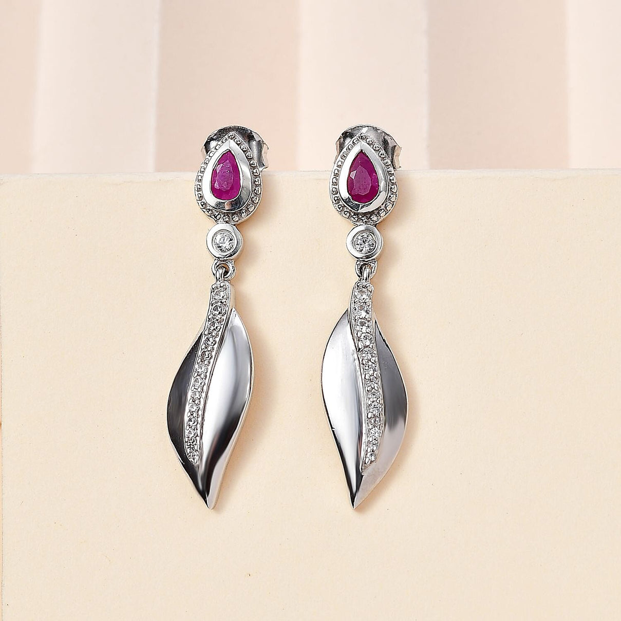 Natural John Saul Ruby &amp; Natural Zircon Dangle Earrings in Platinum Overlay Sterling Silver 1.04 Ct. 7771342 1