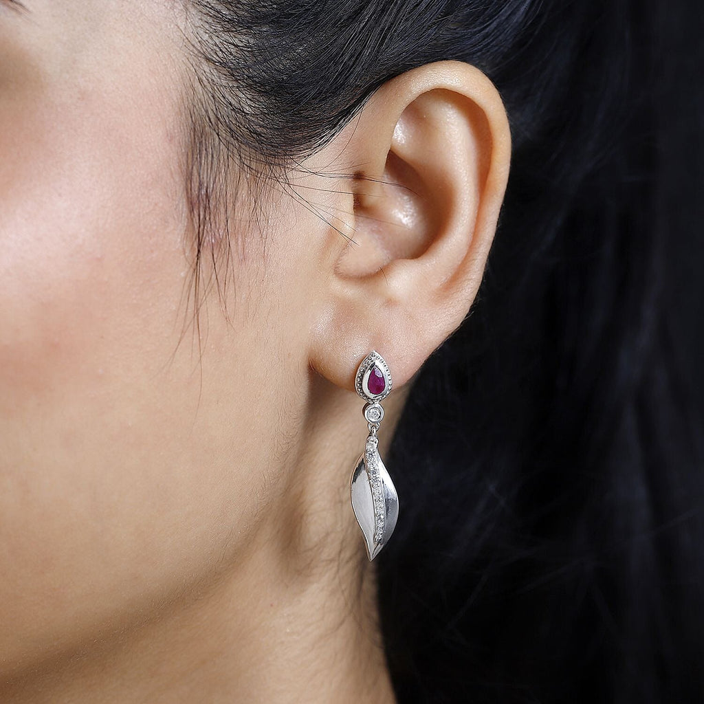 Natural John Saul Ruby & Natural Zircon Dangle Earrings in Platinum Overlay Sterling Silver 1.04 Ct.
