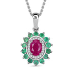Natural John Saul Ruby, Zambian Emerald & Moissanite Floral Pendant with Chain (Size 20) in Platinum Overlay Sterling Silver 1.85 Ct