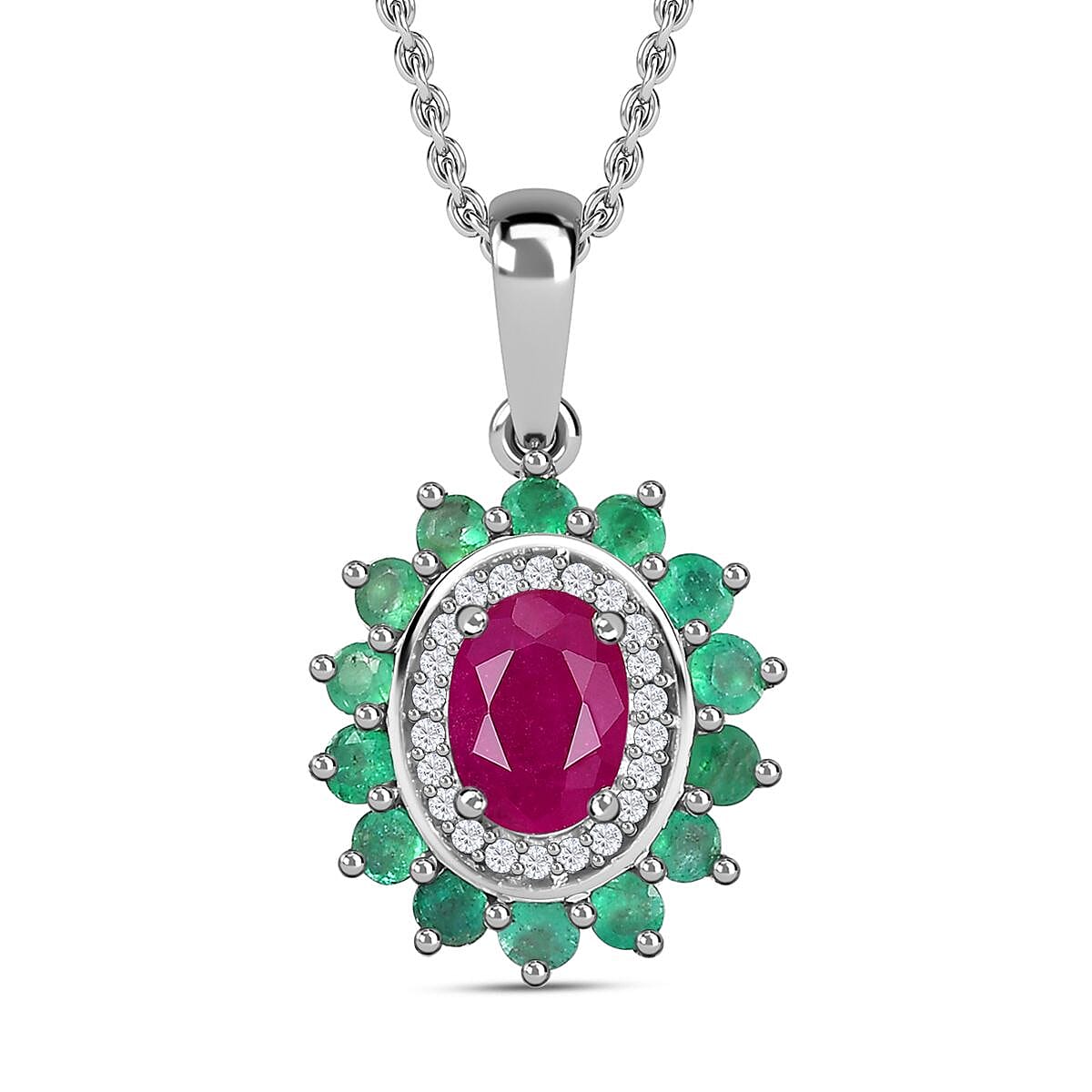 John Saul Ruby, Zambian Emerald and Moissanite Floral Halo Pendant with Chain (Size 20) in Platinum Overlay Sterling Silver 1.85 Ct 4267877 0