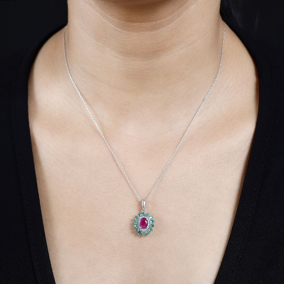John Saul Ruby, Zambian Emerald and Moissanite Floral Halo Pendant with Chain (Size 20) in Platinum Overlay Sterling Silver 1.85 Ct 4267877 1