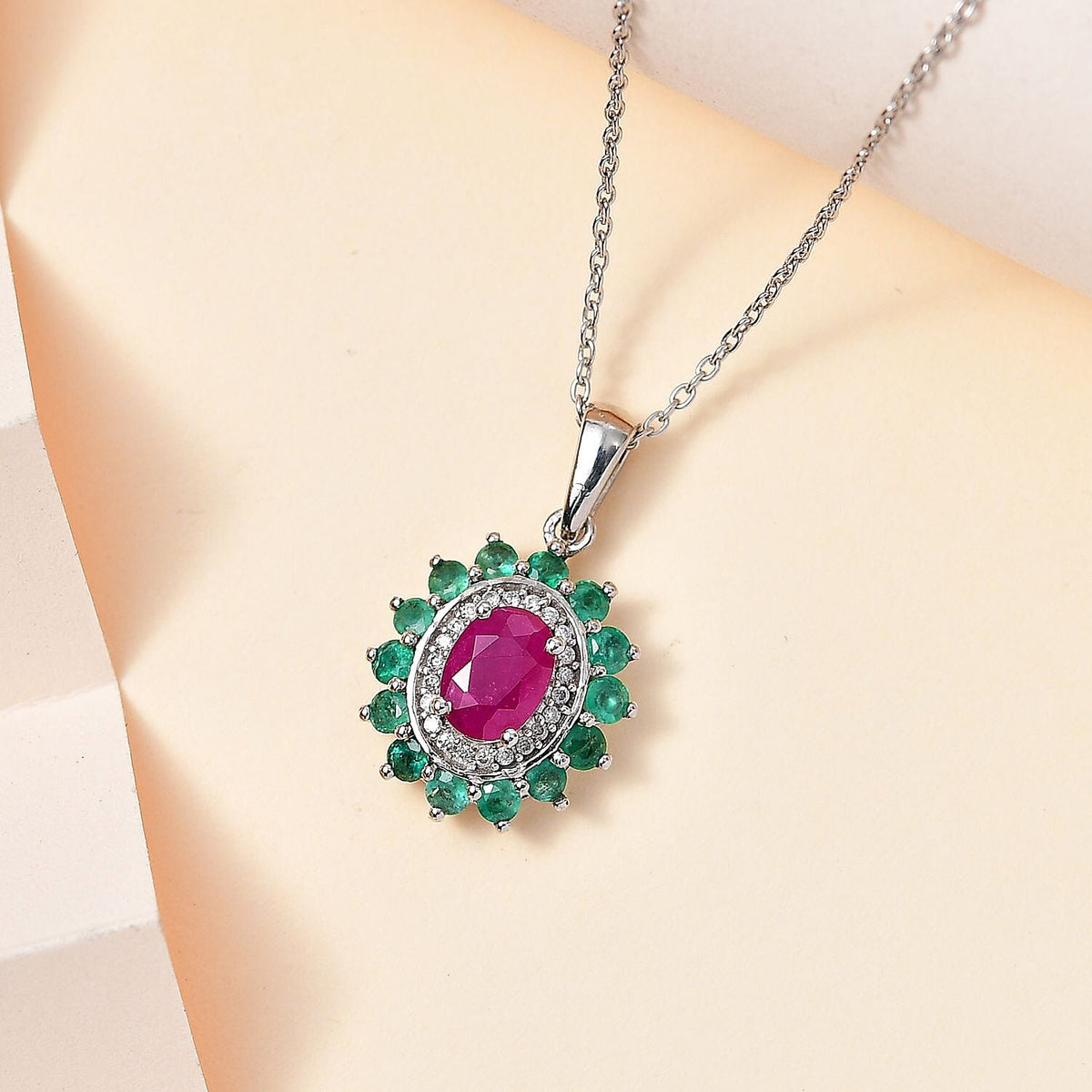 John Saul Ruby, Zambian Emerald and Moissanite Floral Halo Pendant with Chain (Size 20) in Platinum Overlay Sterling Silver 1.85 Ct 4267877 2
