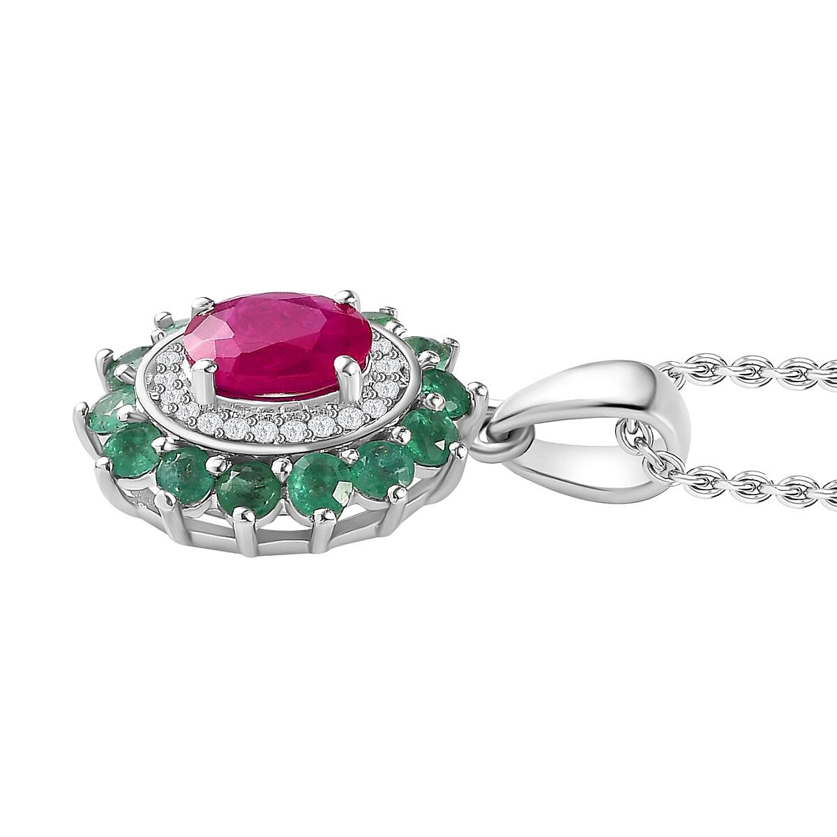 John Saul Ruby, Zambian Emerald and Moissanite Floral Halo Pendant with Chain (Size 20) in Platinum Overlay Sterling Silver 1.85 Ct 4267877 3
