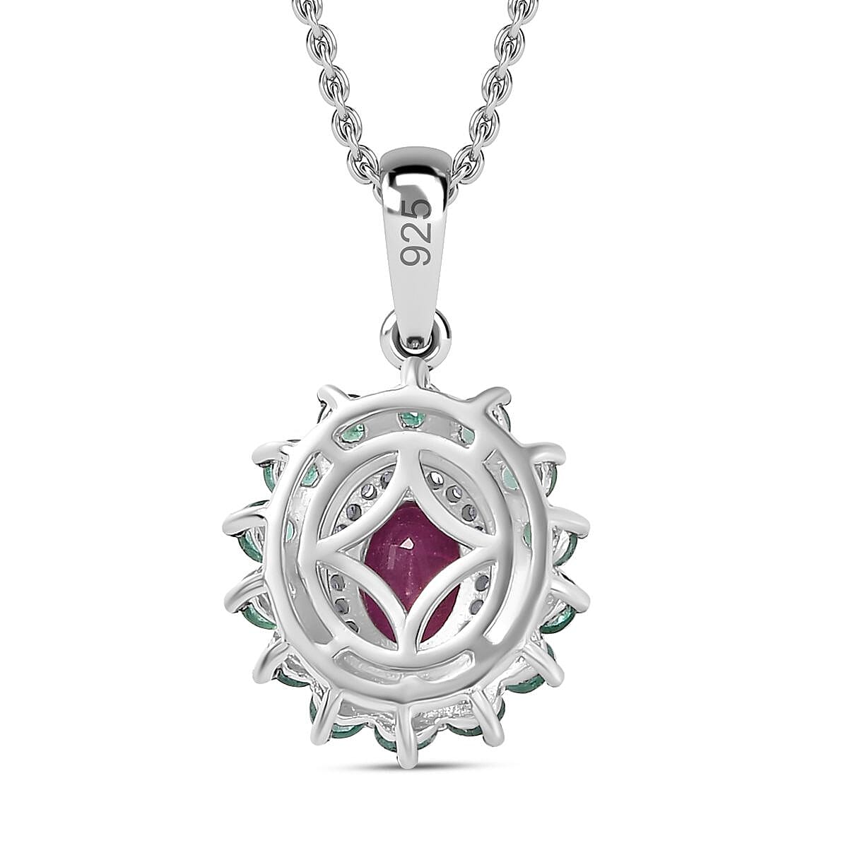 John Saul Ruby, Zambian Emerald and Moissanite Floral Halo Pendant with Chain (Size 20) in Platinum Overlay Sterling Silver 1.85 Ct 4267877 4