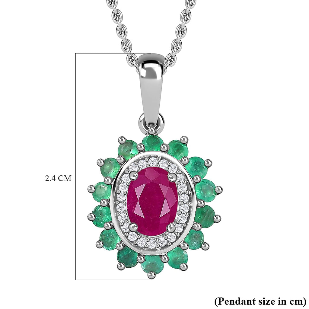 Natural John Saul Ruby, Zambian Emerald & Moissanite Floral Pendant with Chain (Size 20) in Platinum Overlay Sterling Silver 1.85 Ct