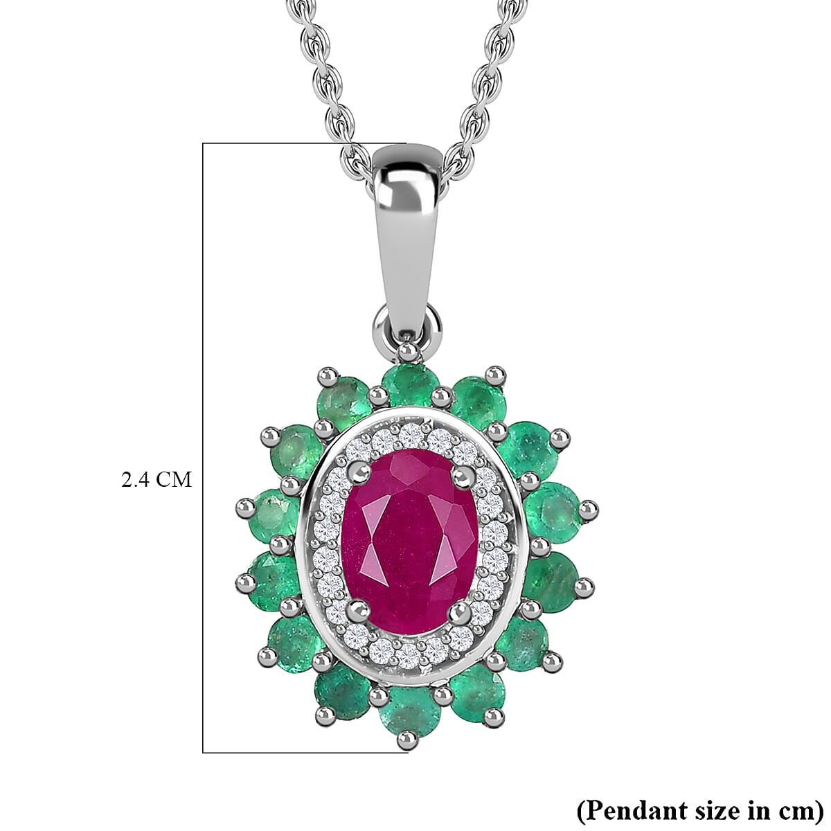 John Saul Ruby, Zambian Emerald and Moissanite Floral Halo Pendant with Chain (Size 20) in Platinum Overlay Sterling Silver 1.85 Ct 4267877 6