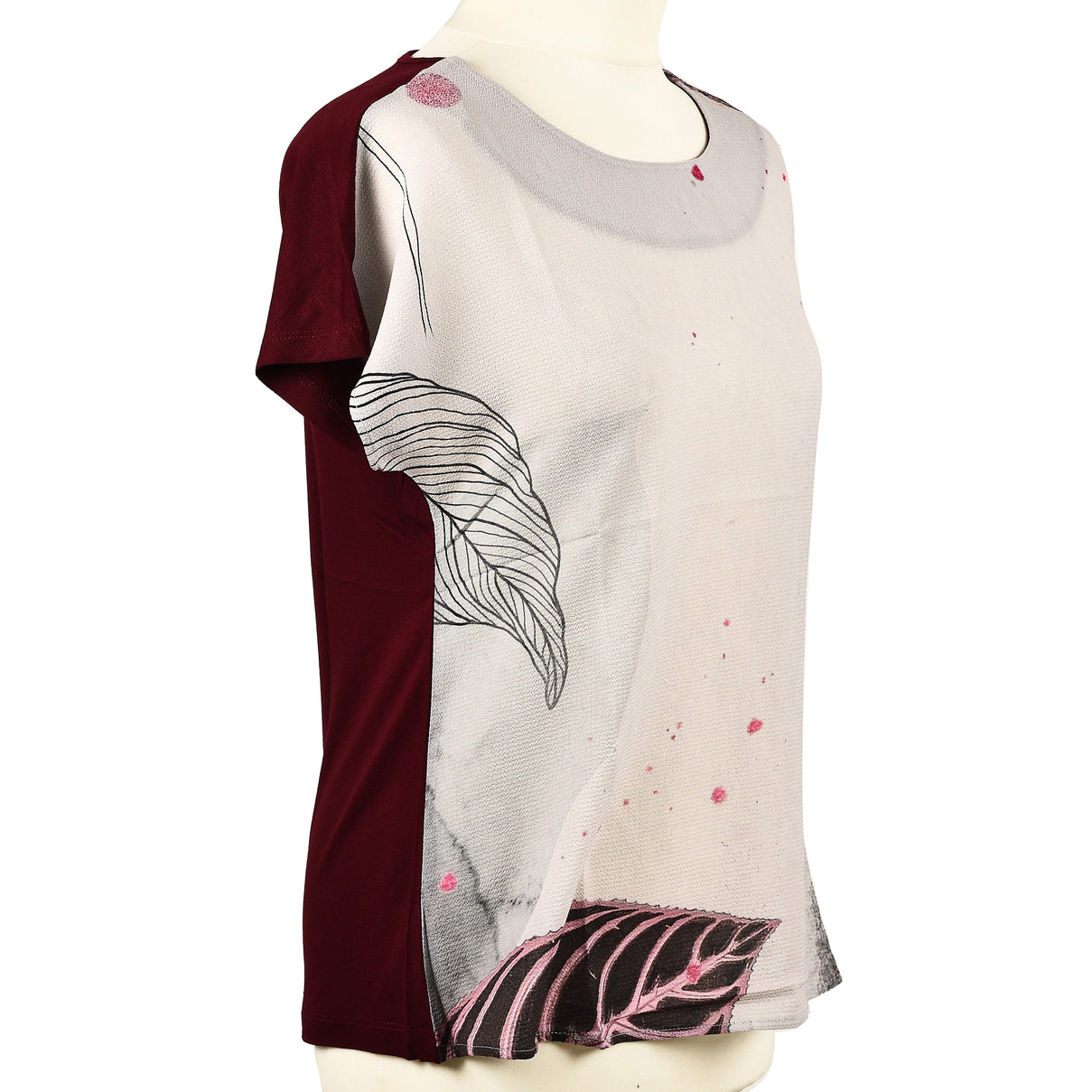 Jovie Leaves Pattern Low Short Sleeve Women's Blouse - Wine 3841730 2