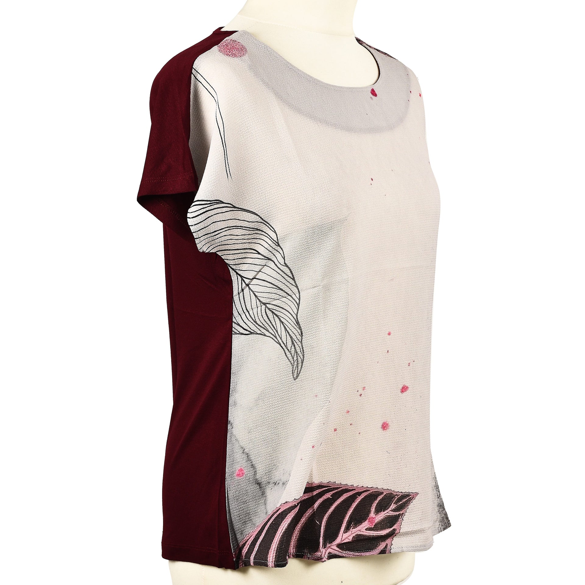 Jovie Leaves Pattern Low Short Sleeve Women's Blouse - Wine 3841730 2