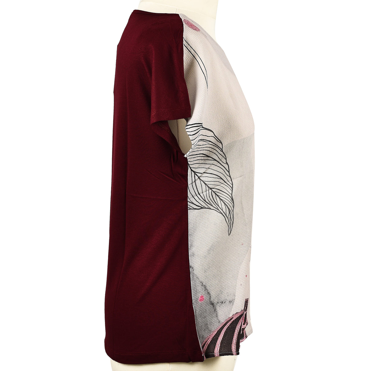 Jovie Leaves Pattern Low Short Sleeve Women's Blouse - Wine 3841730 3