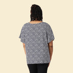 JOVIE Viscose Fret Pattern Short Sleeved Woven Print Top with Tassel (Size S - 8-10) - White & Navy
