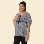 JOVIE Viscose Fret Pattern Short Sleeved Woven Print Top with Tassel (Size S - 8-10) - White & Navy