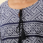 JOVIE Viscose Fret Pattern Short Sleeved Woven Print Top with Tassel (Size S - 8-10) - White & Navy