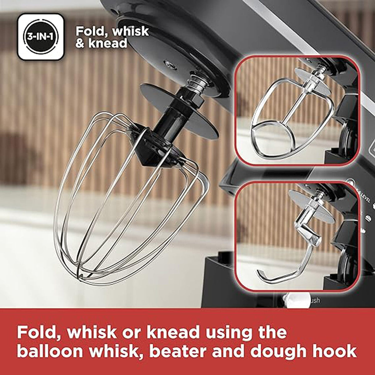 3-in-1 Stand Mixer with Beater, Balloon Whisk and Dough Hook Attachments (Power 1300W) - Black 7724362 4