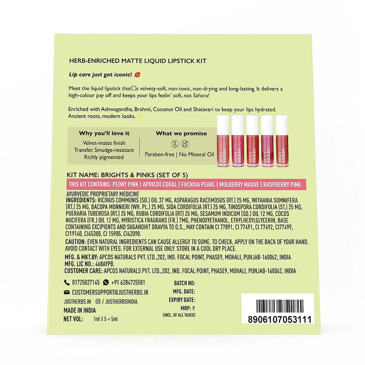 Just Herbs: Set of 5 - Ayurvedic Liquid Matte Finish Lipstick Make Up Kit - Brights and Pinks 8201607 1