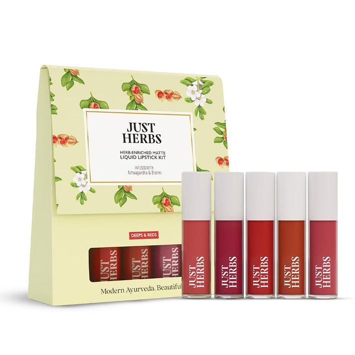 Just Herbs: Set of 5 - Ayurvedic Liquid Matte Finish Lipstick Make Up Kit - Deeps and Reds 8201619 1