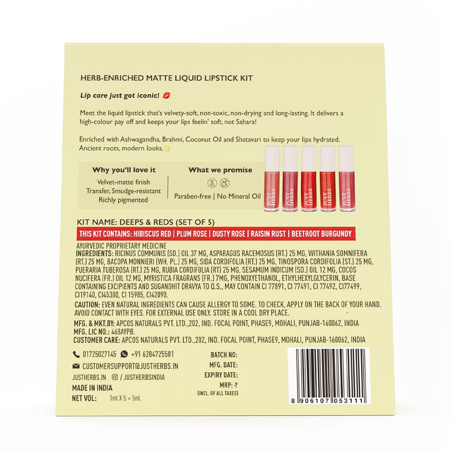 Just Herbs: Set of 5 - Ayurvedic Liquid Matte Finish Lipstick Make Up Kit - Deeps and Reds 8201619 1