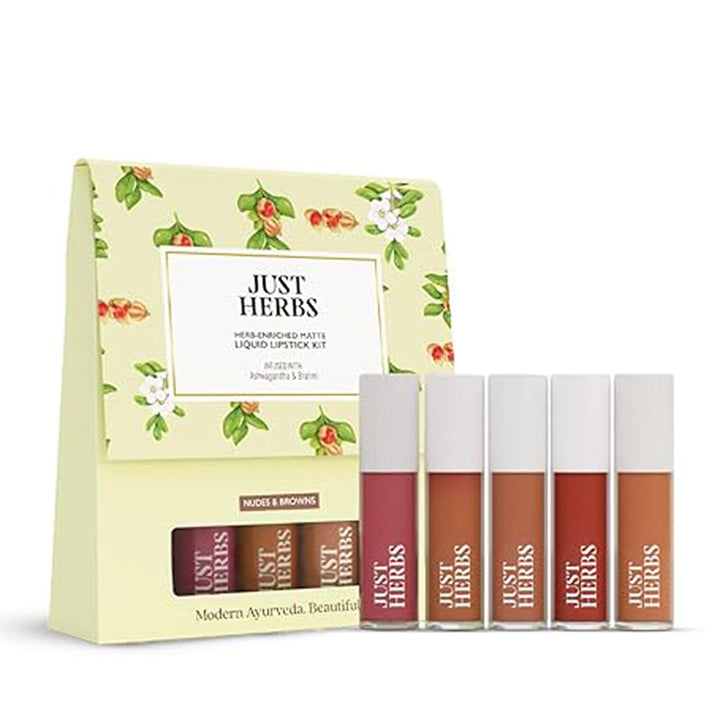 Just Herbs: Set of 5 - Ayurvedic Liquid Matte Finish Lipstick Make Up Kit - Nudes and Brown 8201620 1