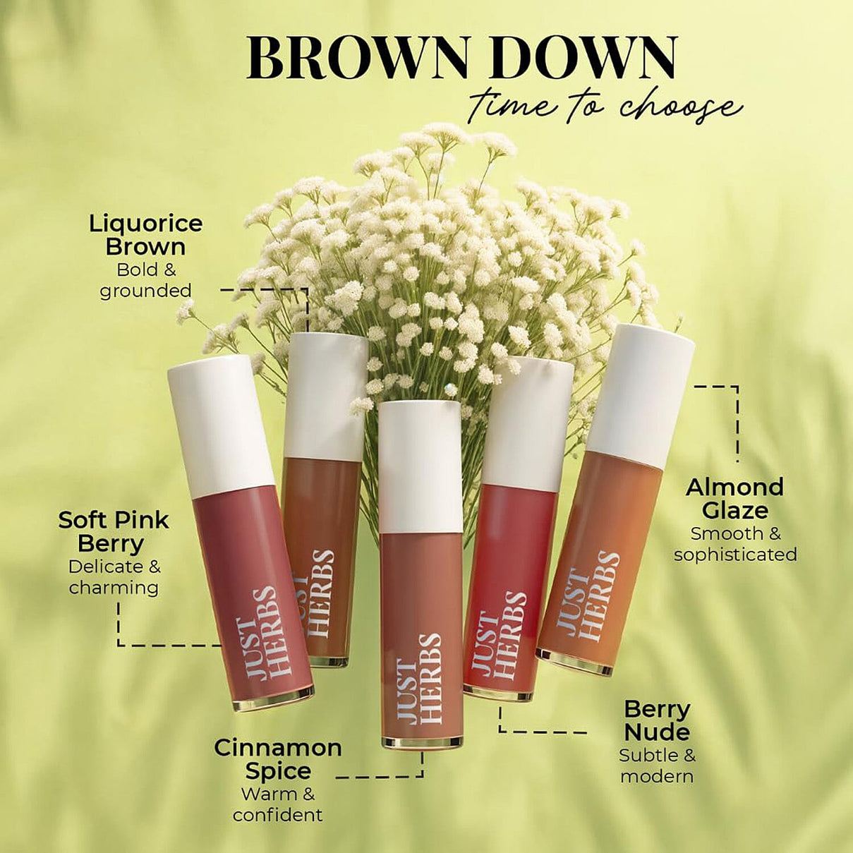 Just Herbs: Set of 5 - Ayurvedic Liquid Matte Finish Lipstick Make Up Kit - Nudes and Brown 8201620 5