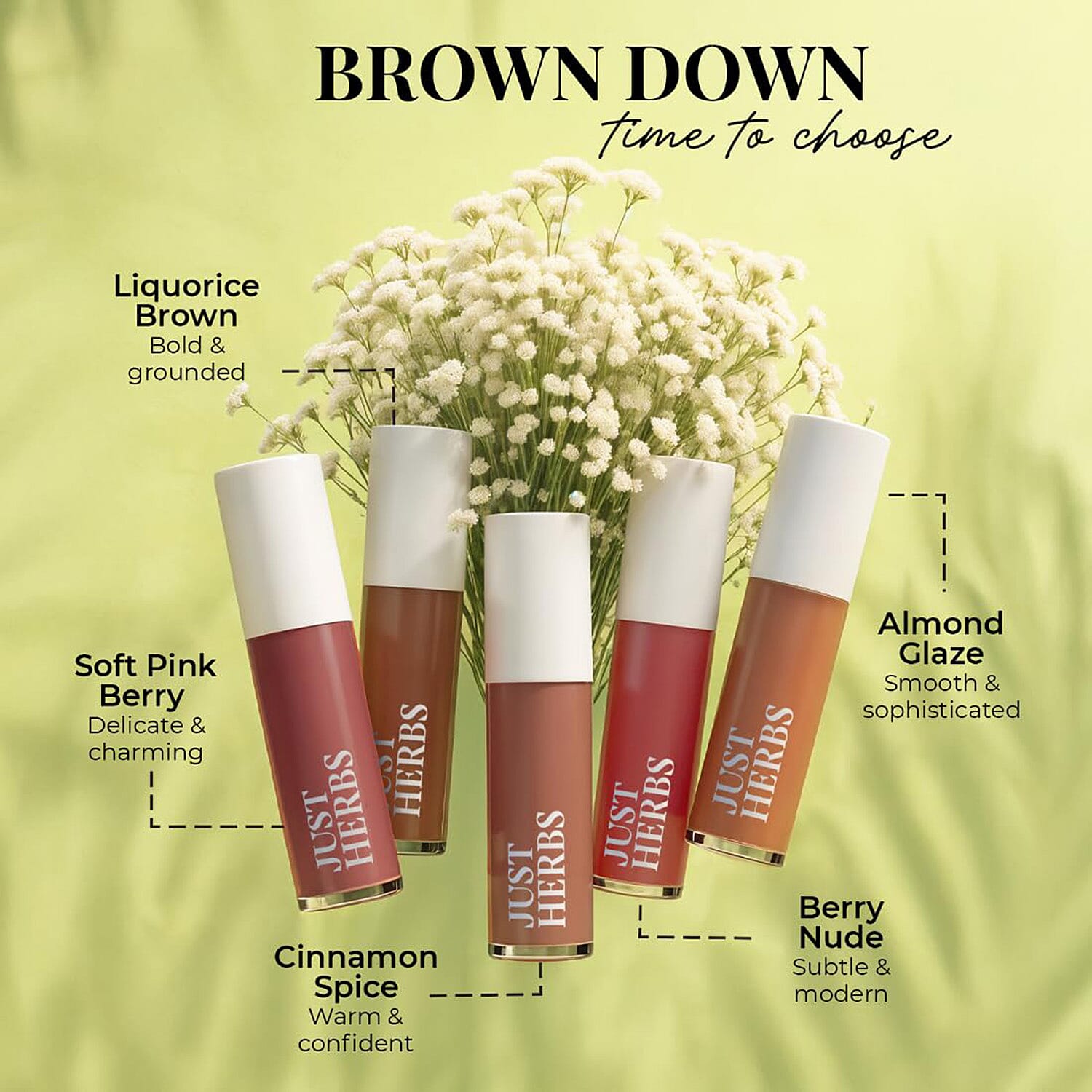 Just Herbs: Set of 5 - Ayurvedic Liquid Matte Finish Lipstick Make Up Kit - Nudes and Brown 8201620 5