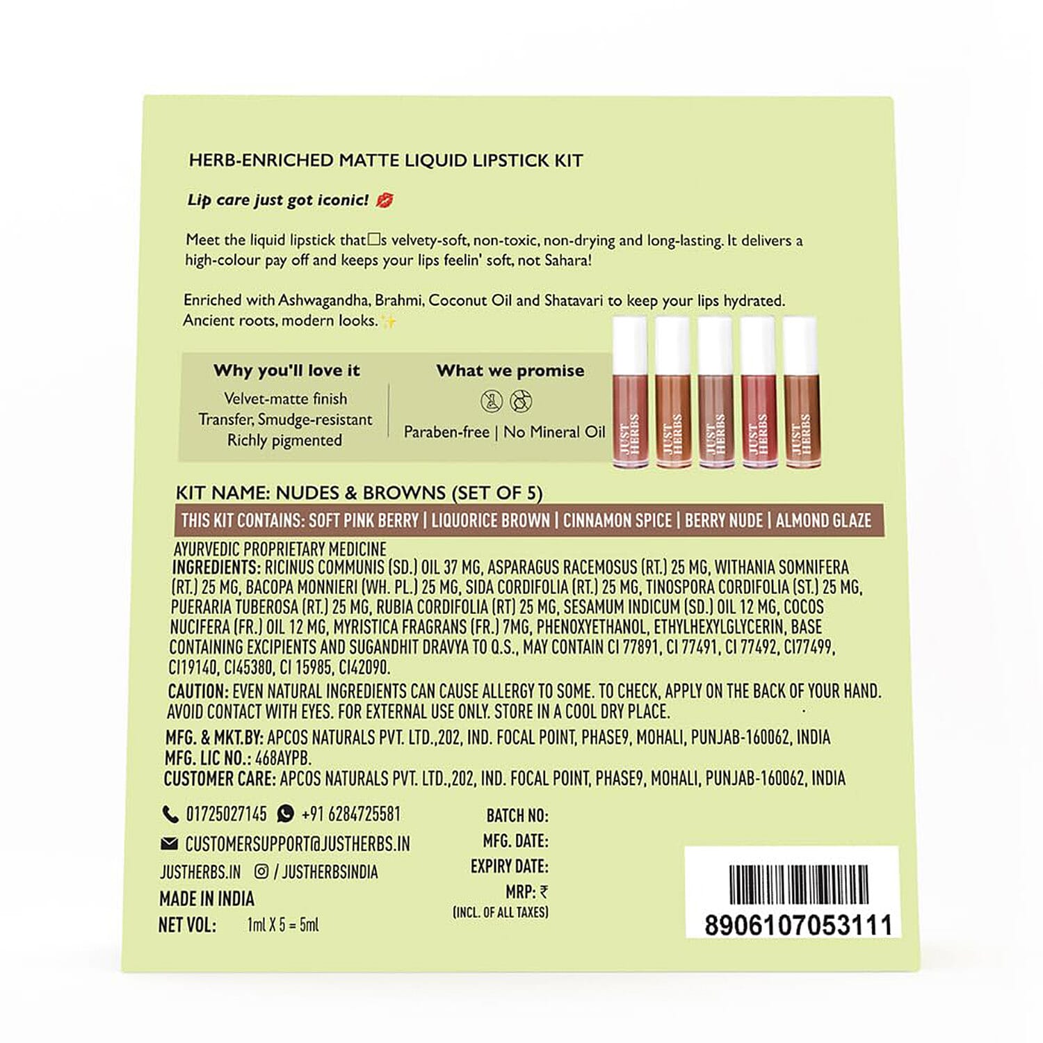 Just Herbs: Set of 5 - Ayurvedic Liquid Matte Finish Lipstick Make Up Kit - Nudes and Brown 8201620 8