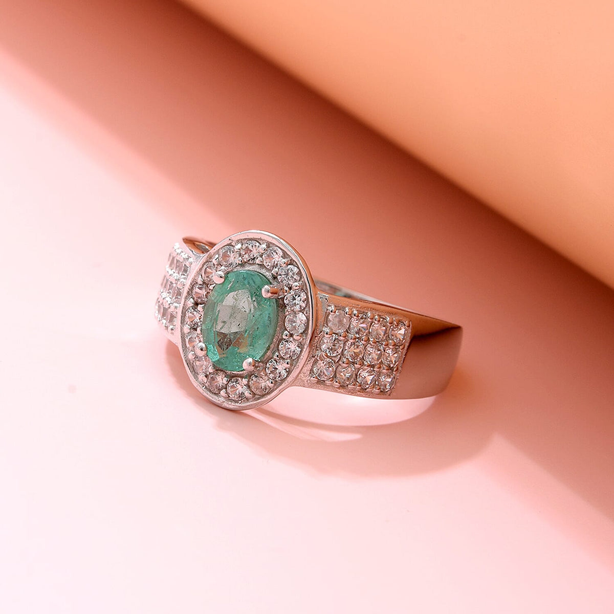 Kagem Zambian Emerald and Natural Zircon Ring in Rhodium Overlay Sterling Silver 1.62 Ct. V32610188 1