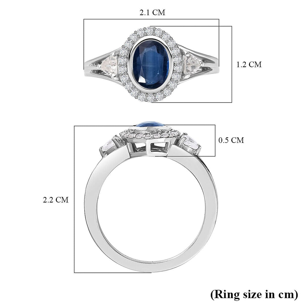 Natural Kashmir Blue Kyanite and Natural Zircon Ring in Platinum Overlay Sterling Silver 1.56 Ct