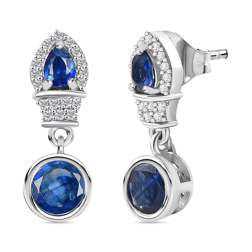 AAA Natural Kashmir Kyanite & White Zircon Dangling Earring with Push Back in Rhodium Overlay Sterling Silver 1.87 Ct.