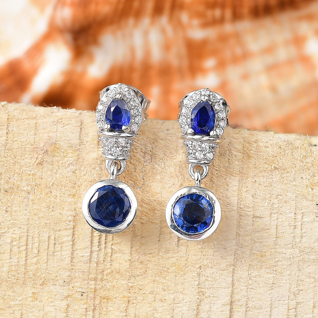 AAA Natural Kashmir Kyanite & White Zircon Dangling Earring with Push Back in Rhodium Overlay Sterling Silver 1.87 Ct.