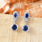 AAA Natural Kashmir Kyanite & White Zircon Dangling Earring with Push Back in Rhodium Overlay Sterling Silver 1.87 Ct.