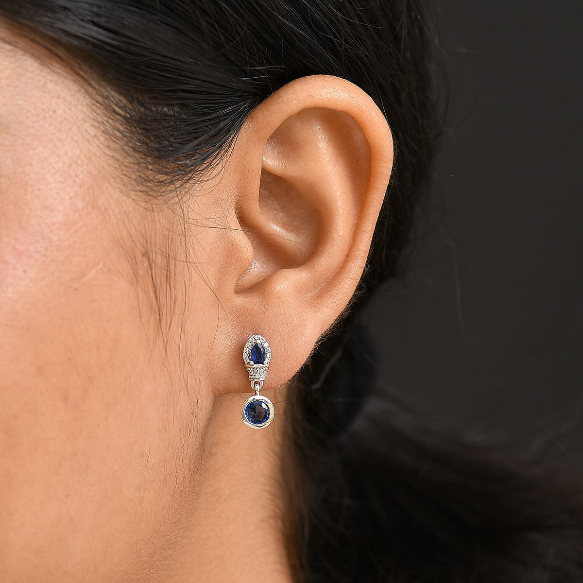 AAA Natural Kashmir Kyanite &amp; White Zircon Dangling Earring with Push Back in Rhodium Overlay Sterling Silver 1.87 Ct. 8081908 3